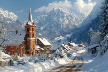 Papier Peint photo Destinations  Lofi art style, a nice european mountain village, winter landscape