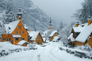 
Lofi art style, a nice european mountain village, winter landscape