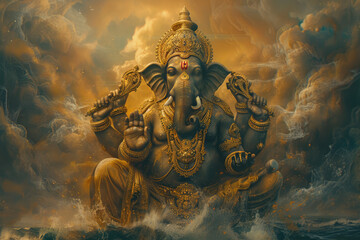 Fototapeta na wymiar Lord Ganesha at the center of the universe, in the style of Ravi Varma