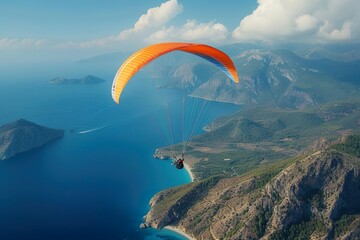 Paraglider over a beautiful mountain and sea landscape.