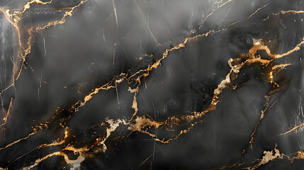 A black and gold marble pattern with cracks throughout. The background is a dark color with lighter gold and grey patches. - obrazy, fototapety, plakaty