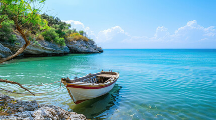 A solitary boat moored in a calm bay with clear turquoise waters and a rocky shoreline under a bright blue sky.