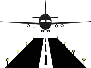 Silhouette de piste d'aéroport avec balises jaunes et avion en train d'atterrir	