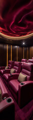 Red leather theater seats in a home cinema with a red and purple color scheme.