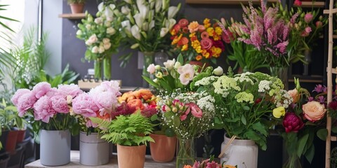 Obraz premium The bustling market displays colorful flower bouquets filled with colorful blooms.
