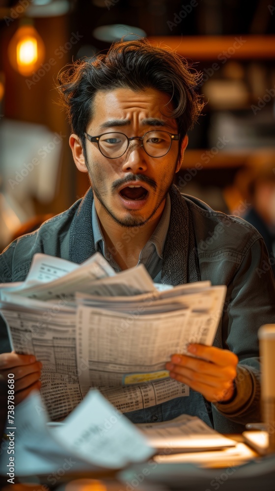 Poster a surprised man with eyeglasses is holding multiple sheets of paper at a cluttered table