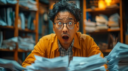 A shocked man with glasses is overwhelmed by piles of paperwork in a library setting