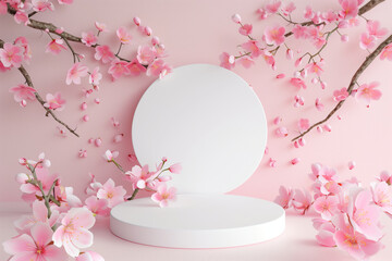 podium and minimal white product display with sakura flower shadow and pink background.