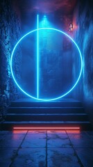 An eerie neon blue circle glows vibrantly against ancient stone walls and steps, suggesting modern meets historic, generative ai