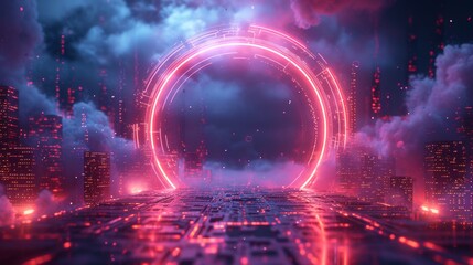 A glowing futuristic portal stands amidst a neon-lit cityscape under a night sky, evoking sci-fi ambiance, generative ai