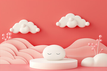 emoji in podium and minimal white product display with pink clouds and sky background.
