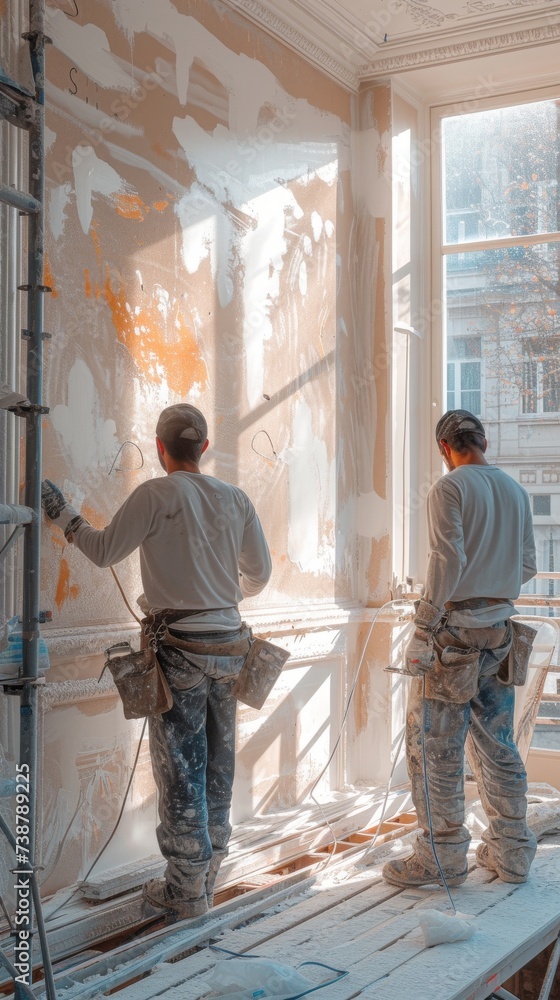 Poster two workers are applying plaster on a wall indoors with scaffolding, sunlight streaming through the 