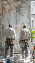 Two workers wearing white shirts and tool belts stand before a partially scraped and spackled wall, generative ai