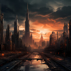 Dystopian cityscape with towering skyscrapers. 