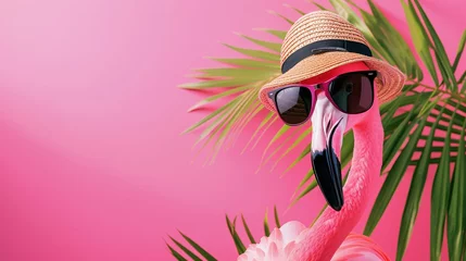 Foto op Canvas a flamingo wearing a hat and sunglasses © VSTOCK