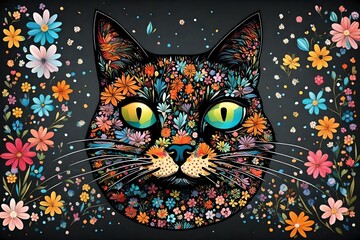Vector illustration of cat shape made up a lot of multicolored small flowers on the black background