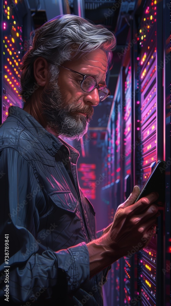 Aufkleber a bearded man inspects a device intently in a room filled with illuminated server racks
