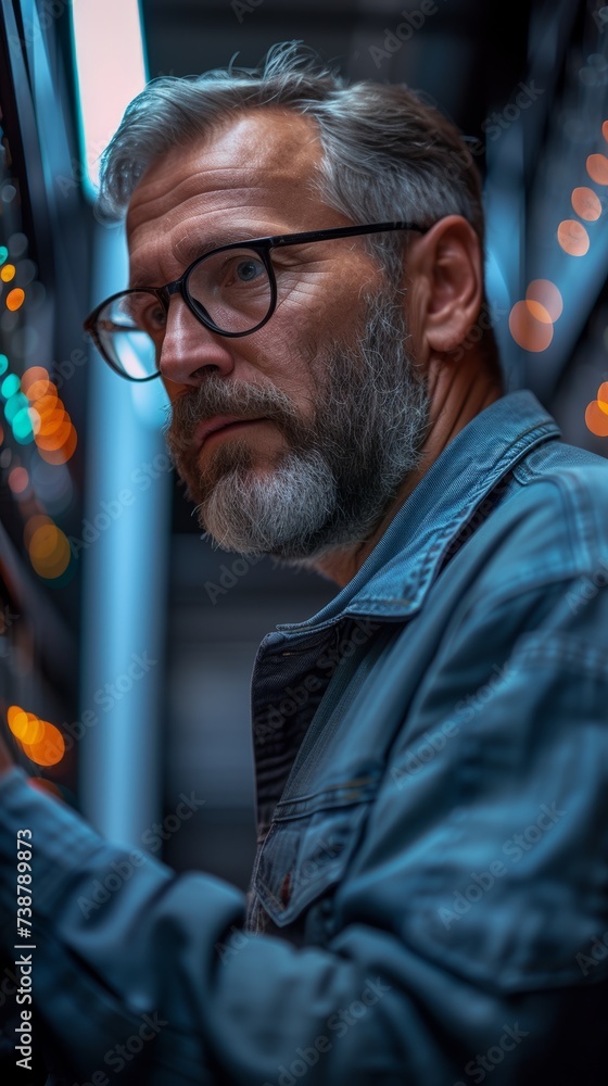 Aufkleber a bespectacled man with a beard is standing in a dimly lit environment with vibrant bokeh lights