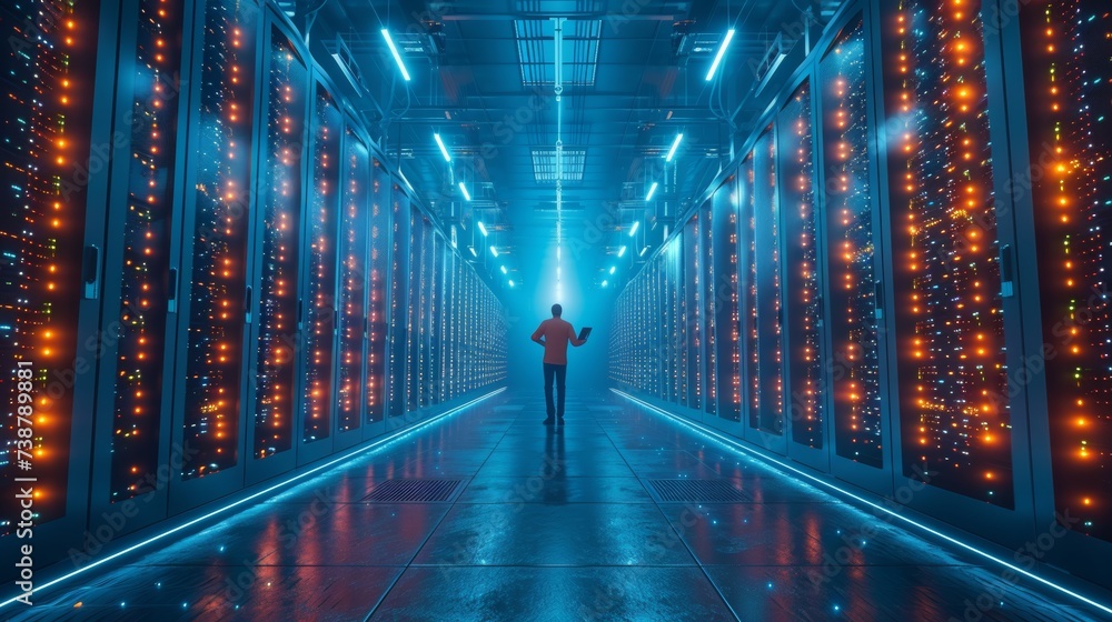 Poster a person stands in a futuristic data center with rows of illuminated servers and blue lights