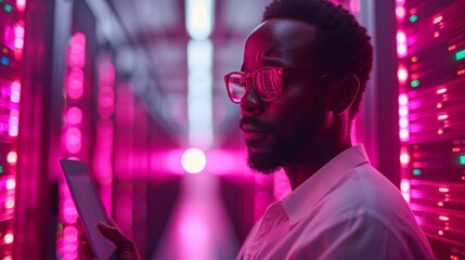 Obraz premium Man in glasses using smartphone, standing between rows of illuminated server racks, with a thoughtful expression