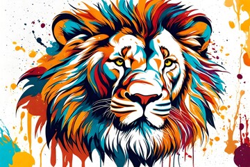 Colorful lion portrait with splashes on white background. Vector illustration