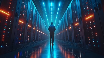 Person stands in futuristic server room with blue lights, exuding mystery, technology, and advanced computing atmosphere