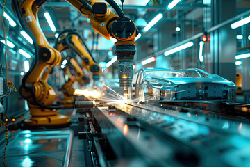 robotic arms welding parts on car body on automated production line