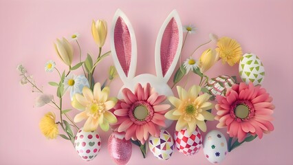 Fototapeta na wymiar Artistic Easter Bunny Ears and soft colored Eggs Floral Arrangement on Soft Background
