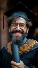 A bearded man wearing graduation attire and eyeglasses smiles while holding a diploma, exuding accomplishment and happiness