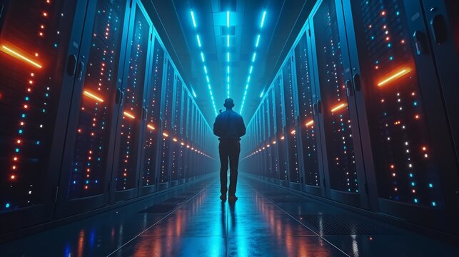 Person stands in futuristic server room with blue lights, exuding mystery, technology, and advanced computing atmosphere