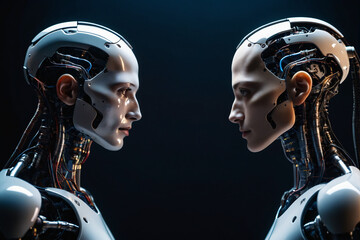 Side view of a two cybernetic faces facing each other, representing artificial intelligence