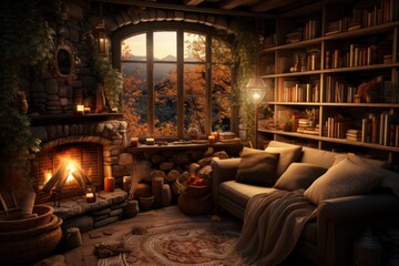 Fototapeta na wymiar A cozy living room with hardwood furniture, a gas fireplace, and shelves