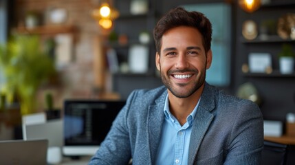 A smiling man in a blazer sitting in a modern office with computers and warm lighting