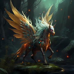 Fantasy creature with wings in a mystical forest.