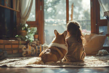 A girl and her corgi dog are enjoying each other's company on a cozy living room, the unspoken love and joy pets bring into our lives - obrazy, fototapety, plakaty