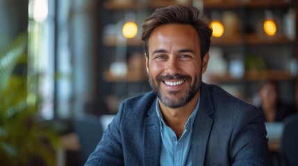 A smiling man with a beard, wearing a blue jacket, sits in a room with warm lighting - Powered by Adobe