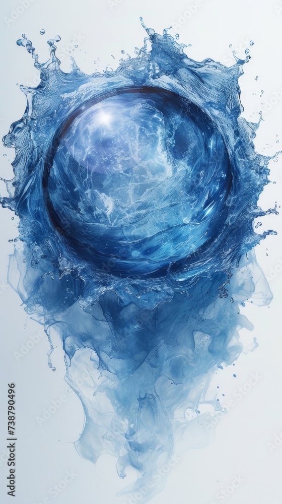 Poster a spherical object surrounded by dynamic blue water splashes against a white background, creating an