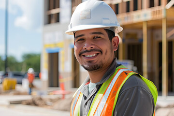 Fototapeta premium Smiling construction worker wearing a white hard hat and reflective vest 