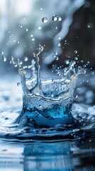 Clear water splash with dynamic droplets captured in high detail against a blurred blue background; a tranquil image