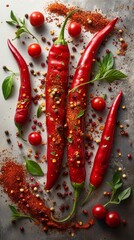 The image shows fresh red chili peppers, cherry tomatoes, basil leaves, and spices on a surface