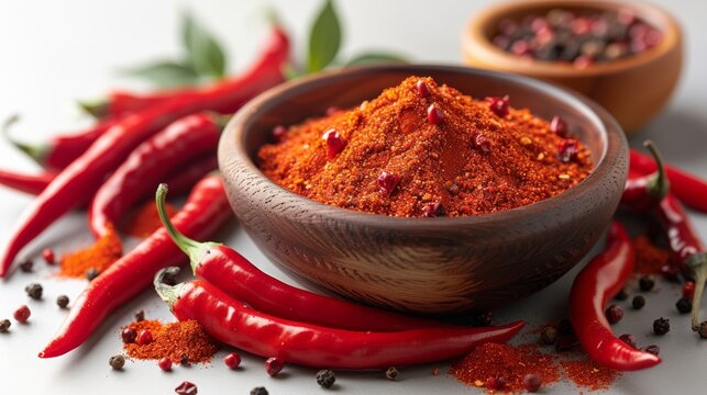 A bowl of vibrant red chili powder surrounded by fresh red chili peppers and peppercorns