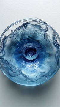 A digital image featuring a realistic swirling water vortex in a transparent dish against a white background