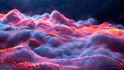 A futuristic depiction of cloud computing, with computer servers and databases visualized as a dynamic, the flow of data represented