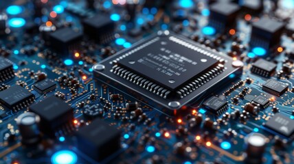A cutting-edge CPU processing unit, gleaming with integrated circuits and microchips, situated in a high-tech lab with robotic arms calibrating and assembling parts