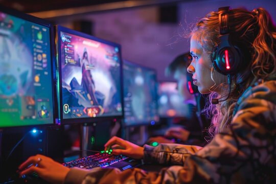 A group of friends immersed in the virtual world, surrounded by electronic screens and pulsing music, bonded over their shared love for gaming