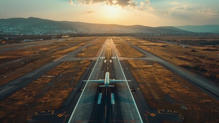 Aerial view of an airplane landing on a runway, intricate details of the airport layout visible, clear blue sky, precise shadow casting on the ground