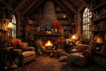 Fototapeta na wymiar A cozy living room with hardwood furniture, brick fireplace, and warm heat