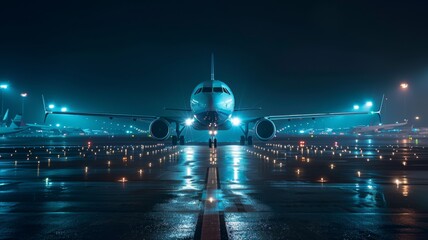 Airplane parked on a runway at night, illuminated by runway lights, quiet and empty airport surroundings, sharp focus on the aircraft's details