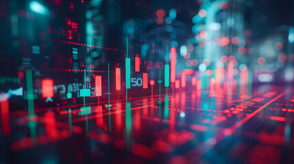 A red and blue graph is displayed on a dark background with light effects.