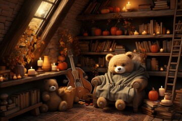 A teddy bear sits on a shelf in a dimly lit attic among pumpkins and candles